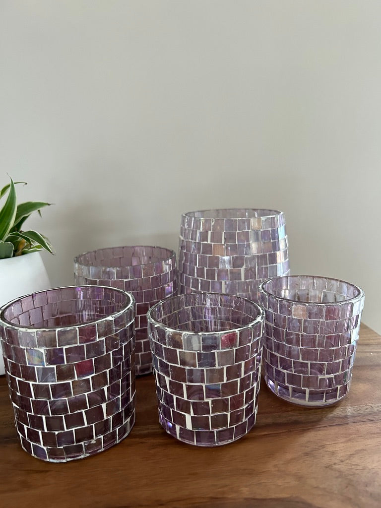 🕯️ Set van 5 Mozaïek Theelichthouders – Paars Glas (Verschillende Formaten)