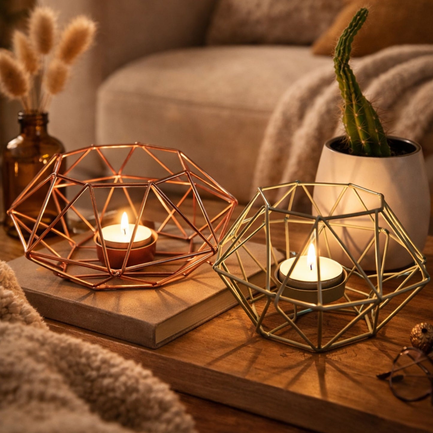 Set metalen theelichthouders – groen & koper ✨