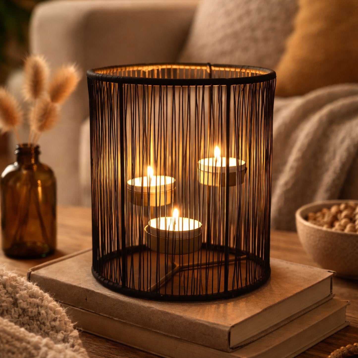 Metalen theelichthouder zwart & goud – warm lichtspel