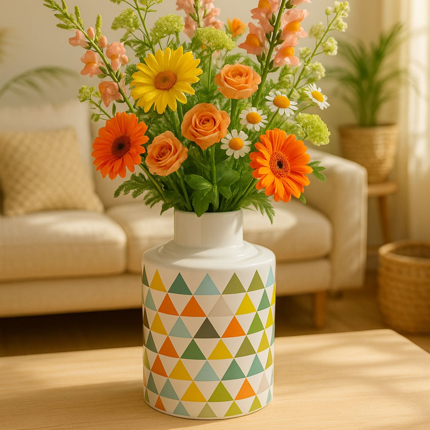 Keramische vaas met kleurrijk geometrisch patroon • Boho & zonnige sfeer