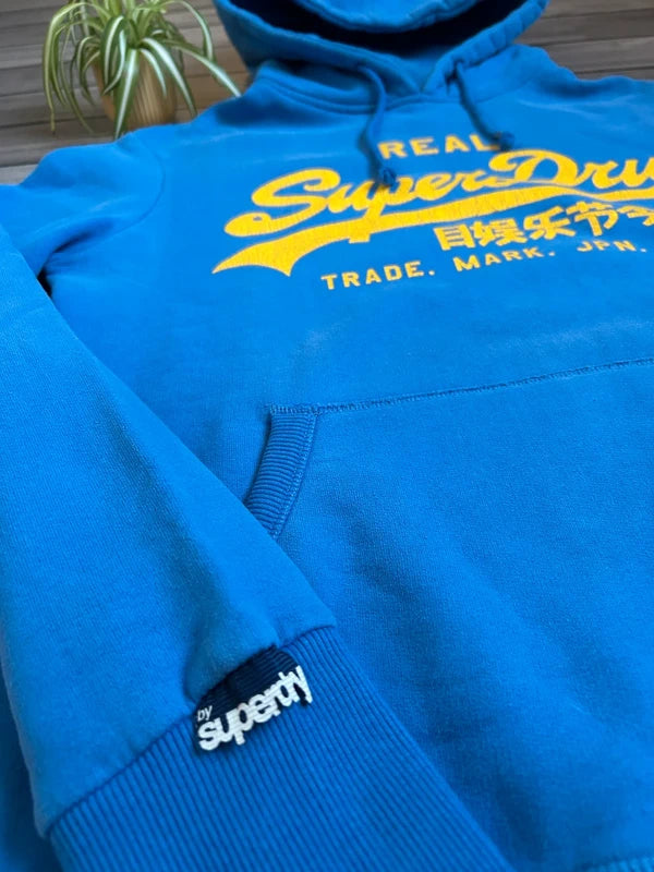 Superdry hoodie met gele print – blauw (maat S)