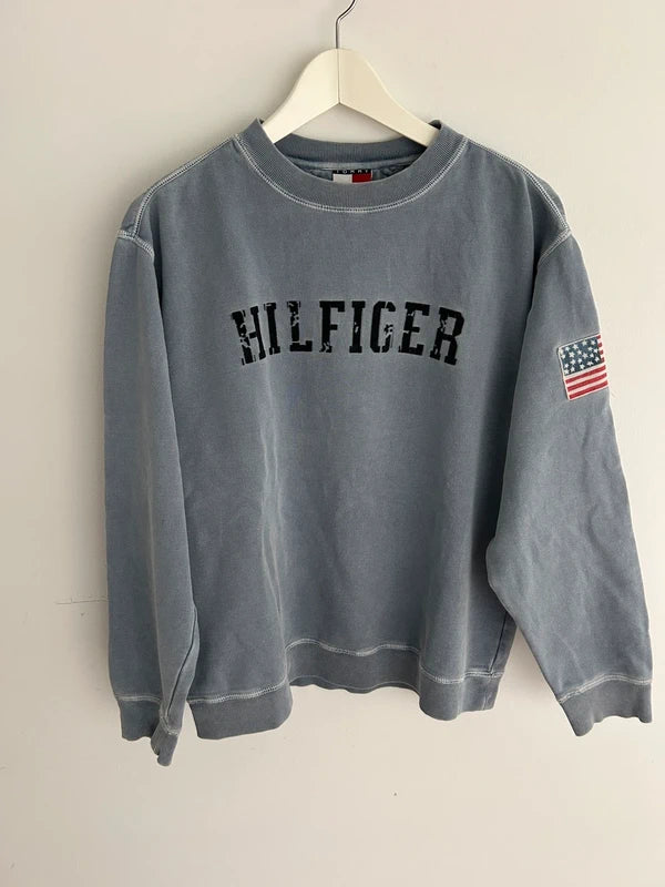 Tommy Hilfiger grijze/petrol sweater – maat L