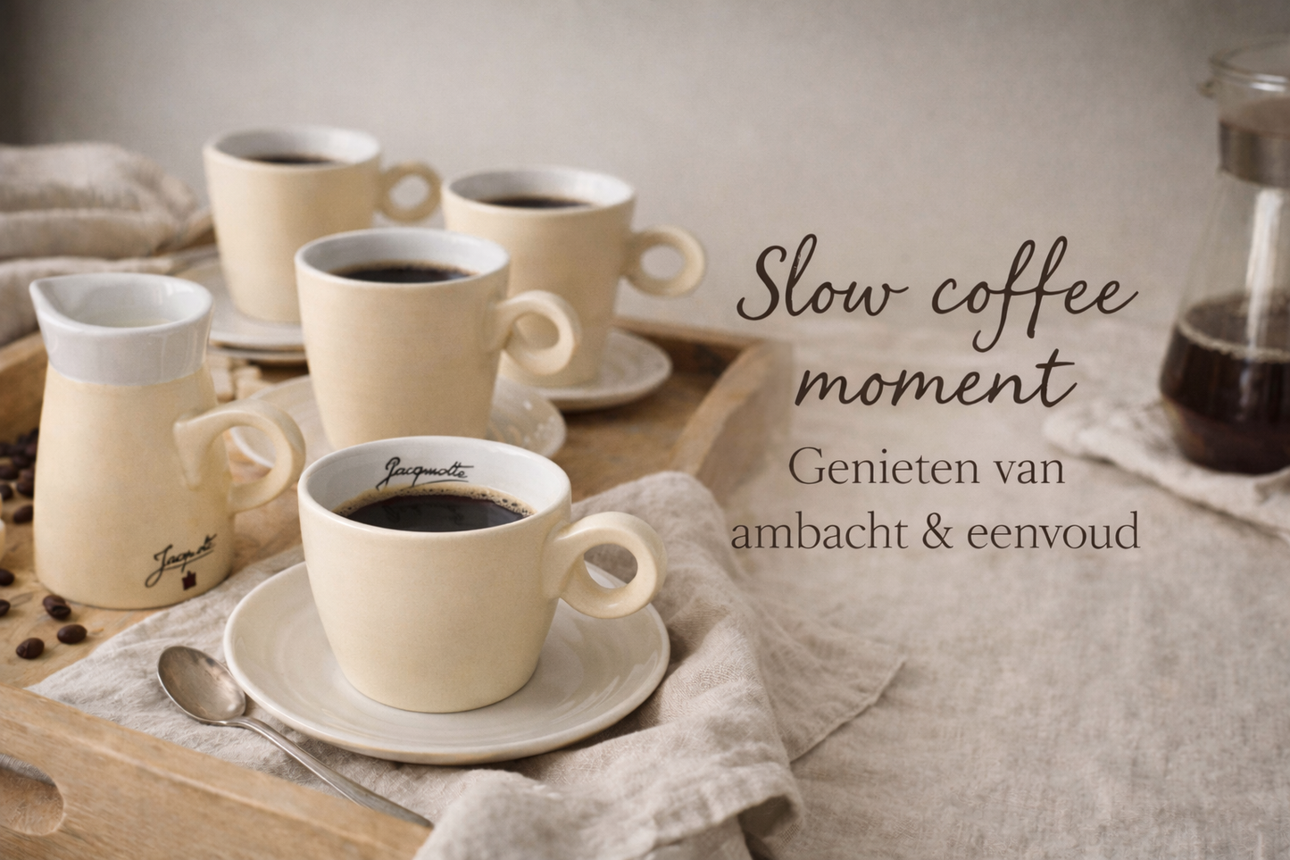Handgemaakte keramieken koffieset – Jacqmotte | 7 kopjes, schotels & melkkan
