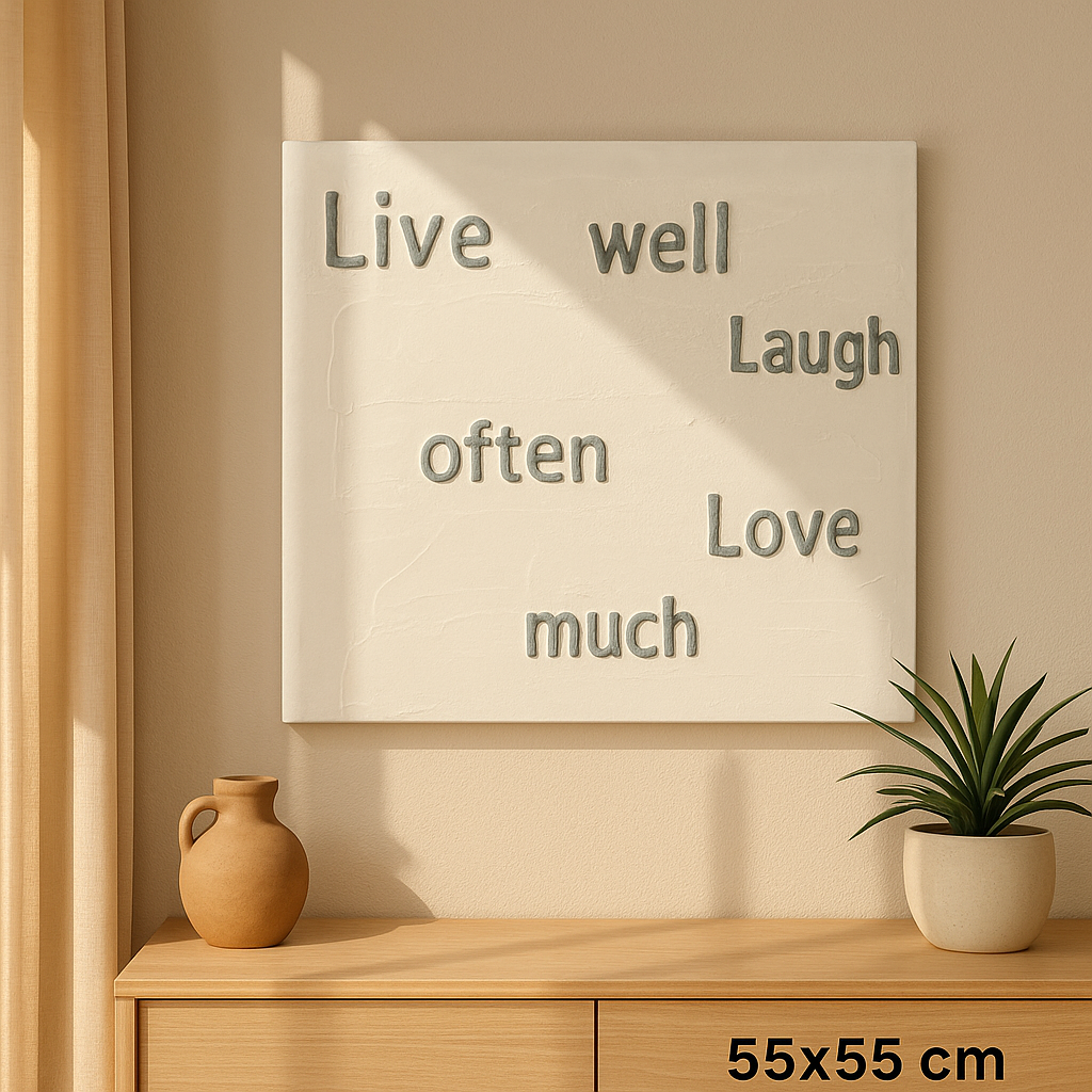 Minimalistische wanddecoratie met reliëftekst “Live well, laugh often, love much” – Scandinavisch kunstpaneel (55 × 55 cm)