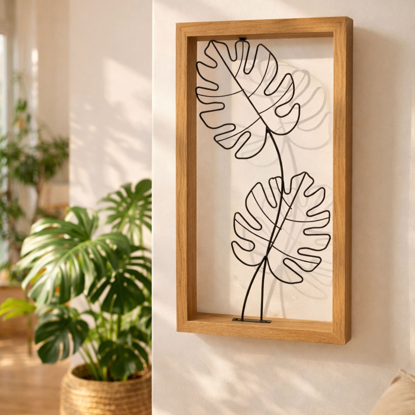 Wanddecoratie met monstera – hout & zwart metaal | Scandi / boho