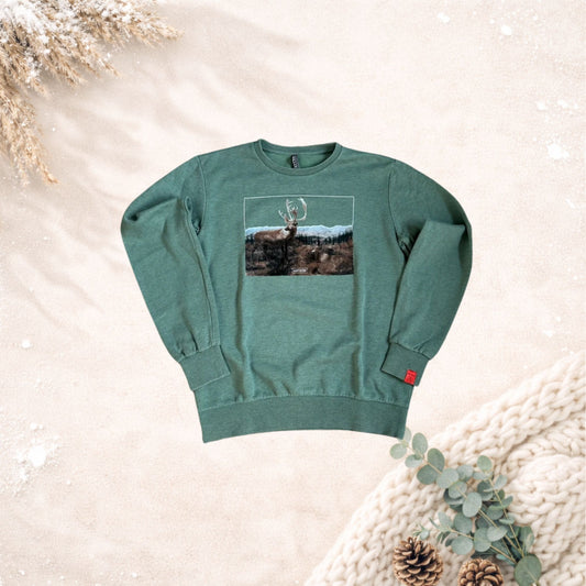 Antwrp sweater – groen met fluwelen hertenprint (maat L)