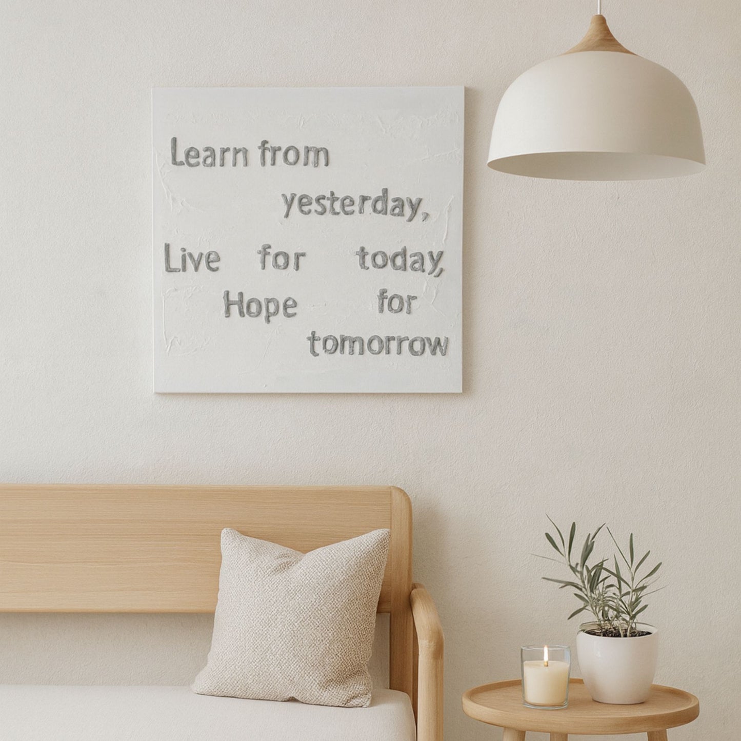 Minimalistische wanddecoratie met reliëftekst “Learn from yesterday” – Scandinavisch kunstpaneel (55 × 55 cm)
