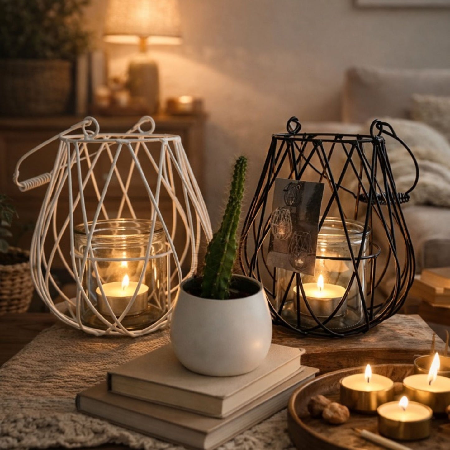 Set van 2 metalen lantaarns (wit & zwart) met glazen houders