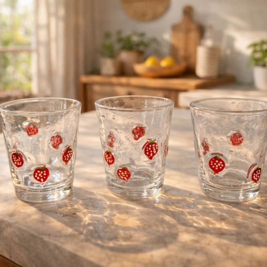 🌞 Set van 3 SIA Drinkglazen • Aardbeienmotief – Zomers & Handgemaakt Effect