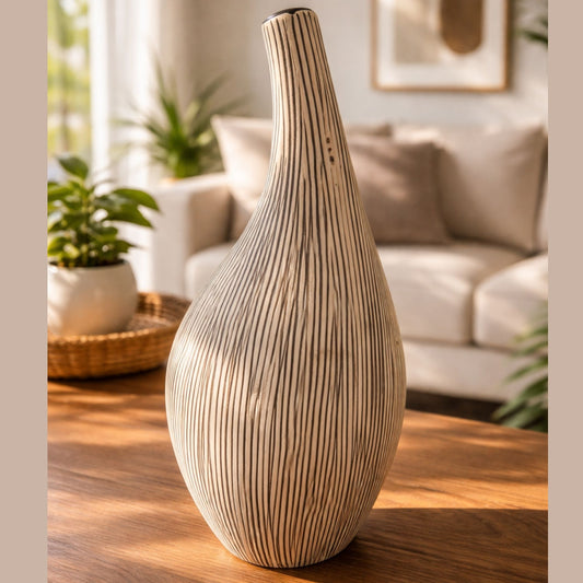 🖤 Moderne keramische vaas met zwart lijnpatroon – 31 cm