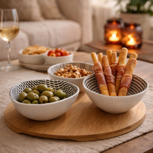 🍢 4-delige apero set – Maison du Monde | keramiek & houten serveerplank