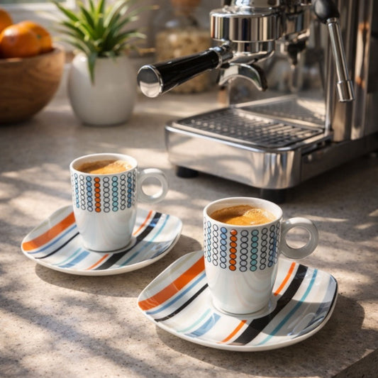 ☕ Set van 2 Espresso Tasjes met Schoteltje – Retro & Kleurrijk