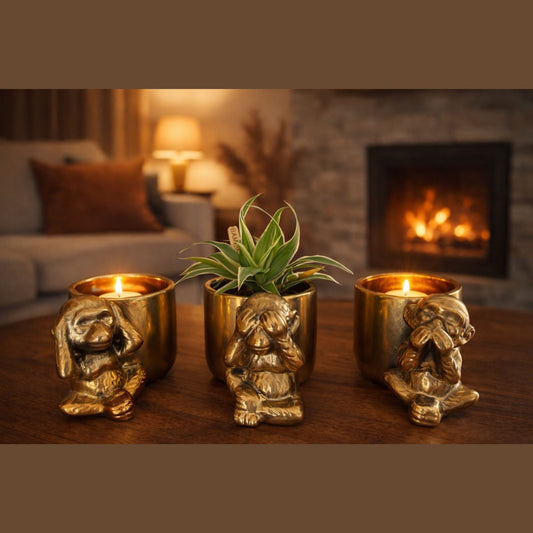 🐒 Set van 3 Gouden “Horen – Zien – Zwijgen” Aapjes | Plantenpotje of Theelichthouder