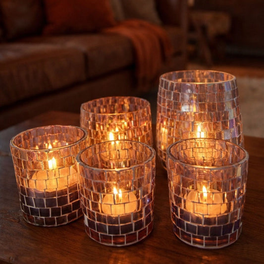 🕯️ Set van 5 Mozaïek Theelichthouders – Paars Glas (Verschillende Formaten)