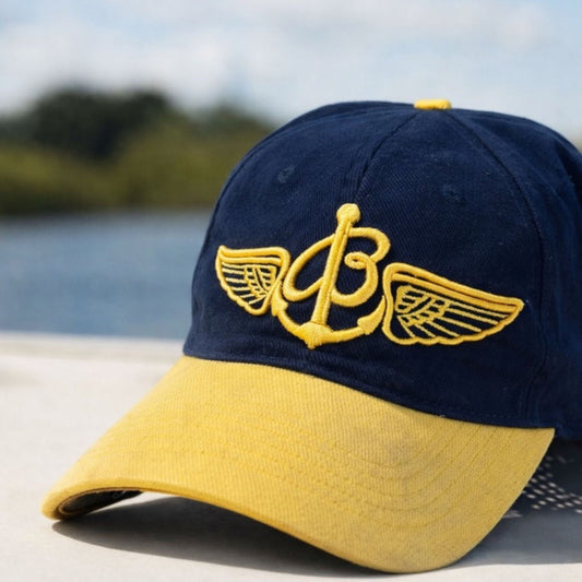 🧢 Vintage Breitling Baseball Cap – Navy & Geel (Swiss Chronographs)