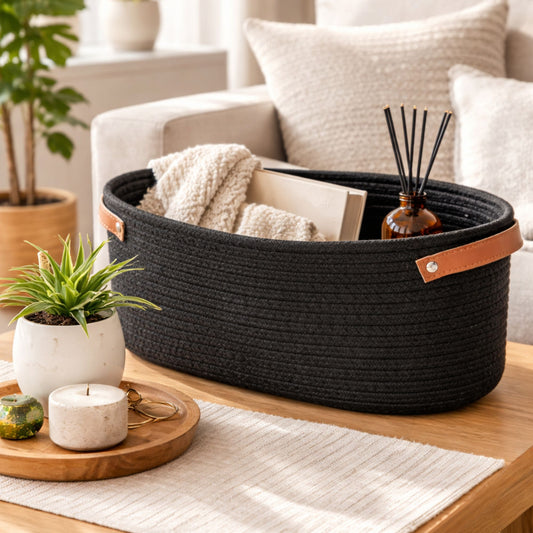 Zwarte stoffen opbergmand met leren handgrepen | modern & praktisch