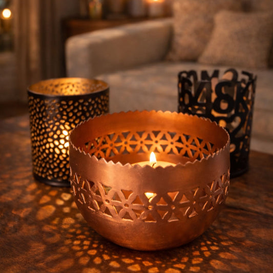 Set van 3 metalen kaarsenhouders – zwart & koper