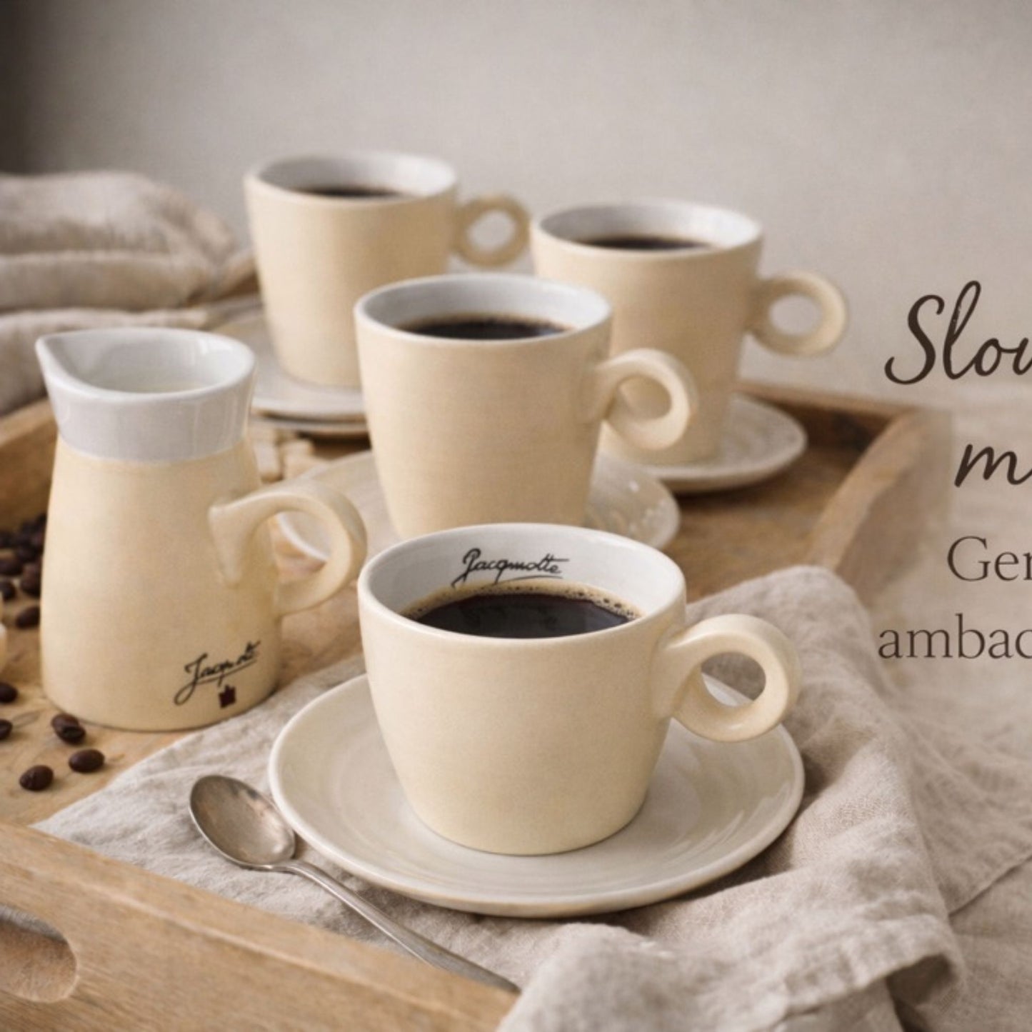 Handgemaakte keramieken koffieset – Jacqmotte | 7 kopjes, schotels & melkkan