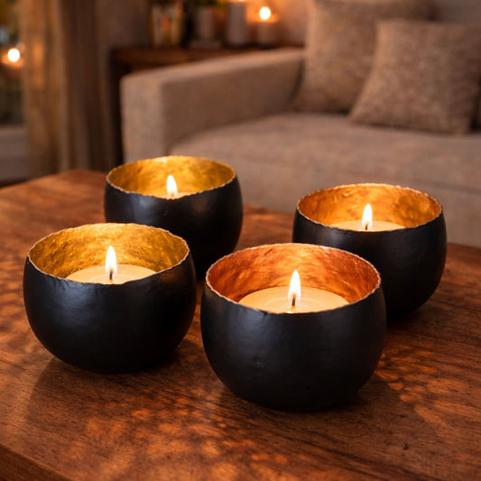 Set van 4 metalen kaarsenhouders – zwart met goud & koper