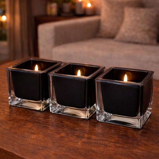 Set van 3 vierkante glazen theelichthouders – zwart & transparant