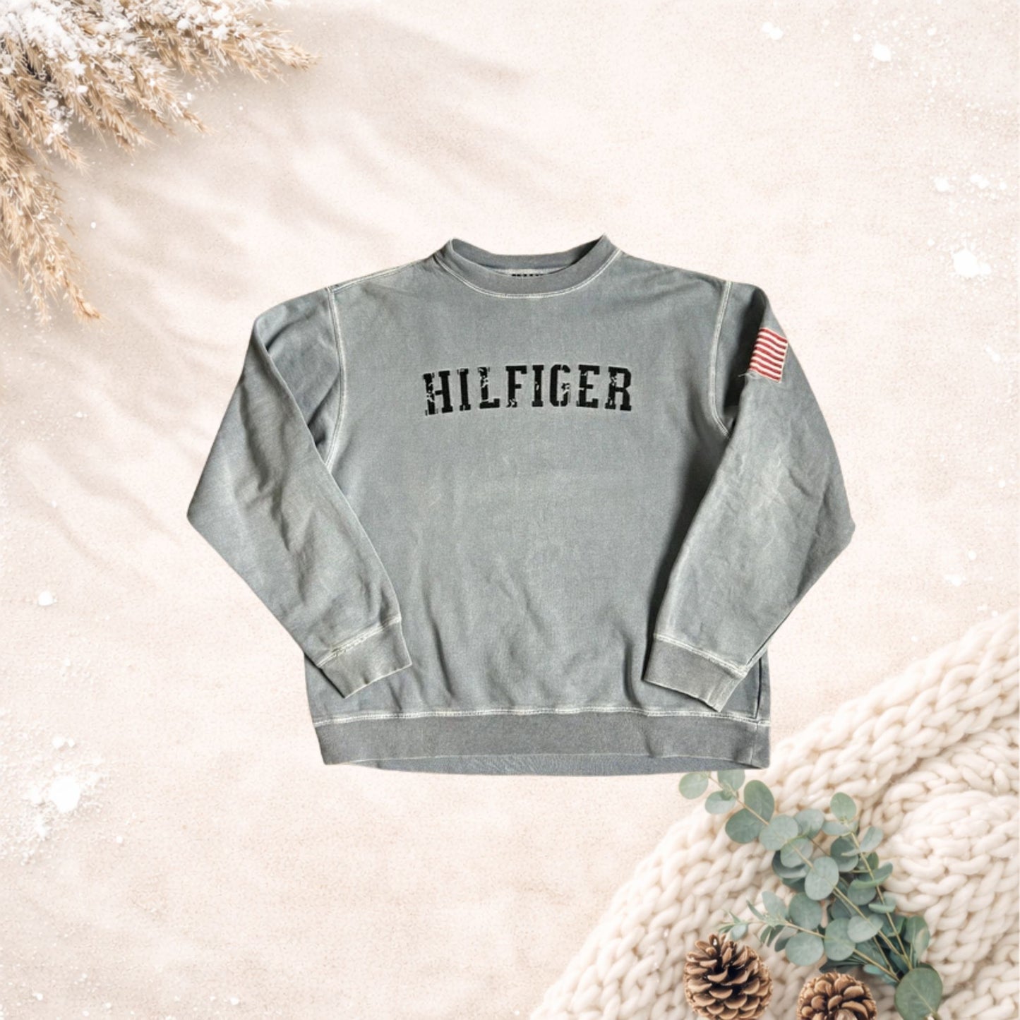 Tommy Hilfiger grijze/petrol sweater – maat L