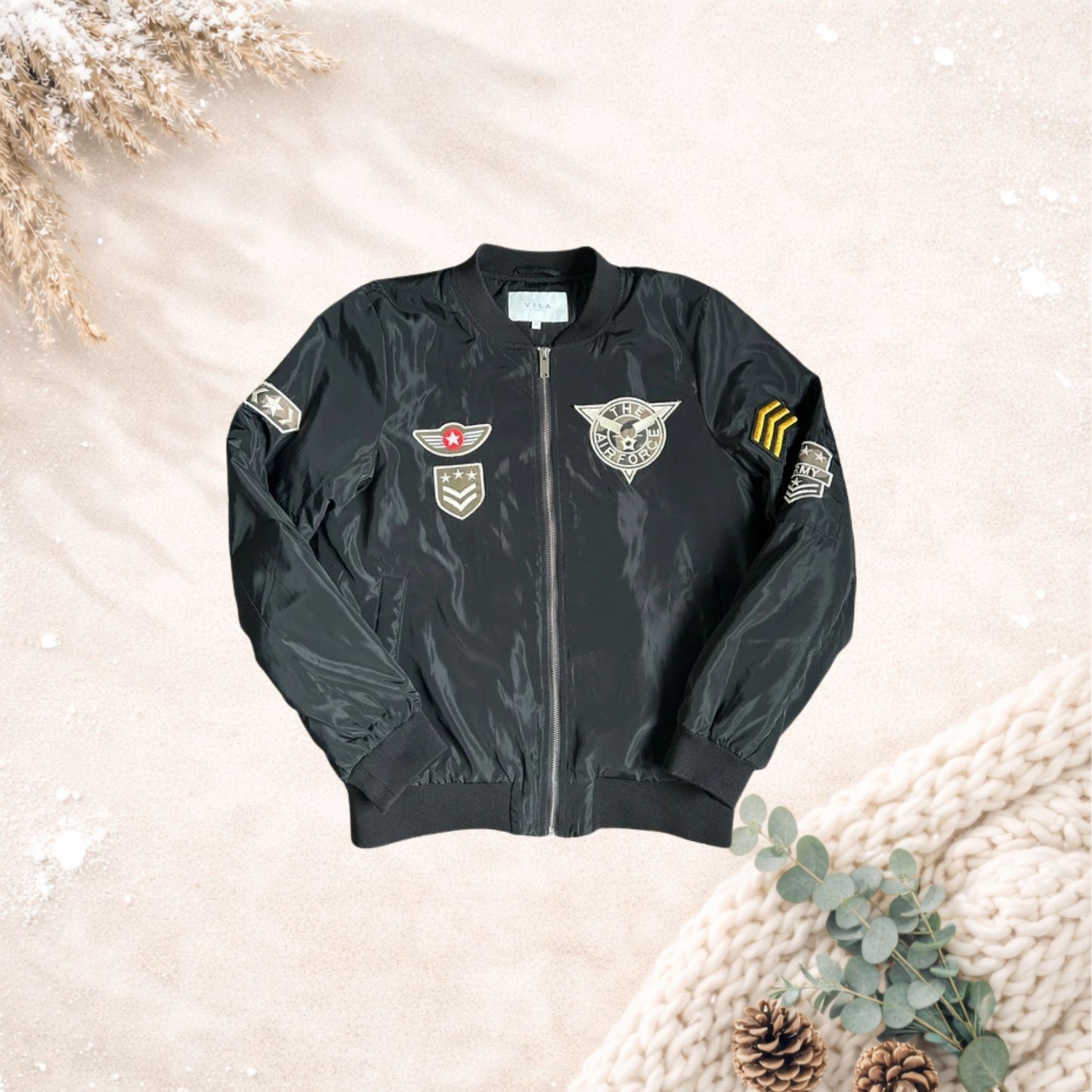 VILA bomberjack – army style (maat S, zwart met patches)